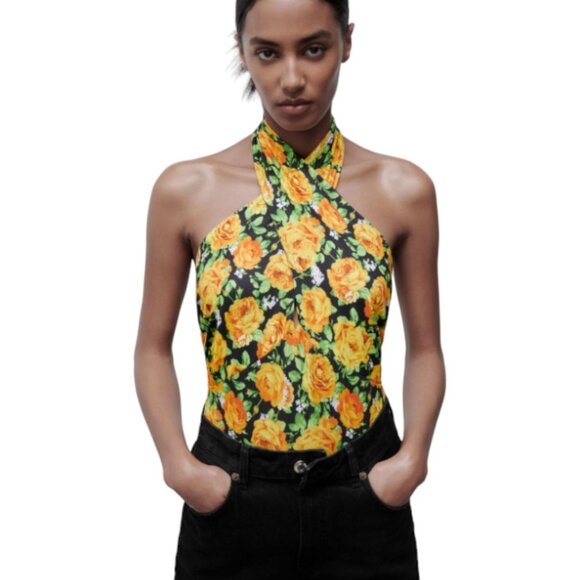 Zara Tops - Zara Halter Bodysuit Size L Criss Cross Front Yellow Roses Floral Print